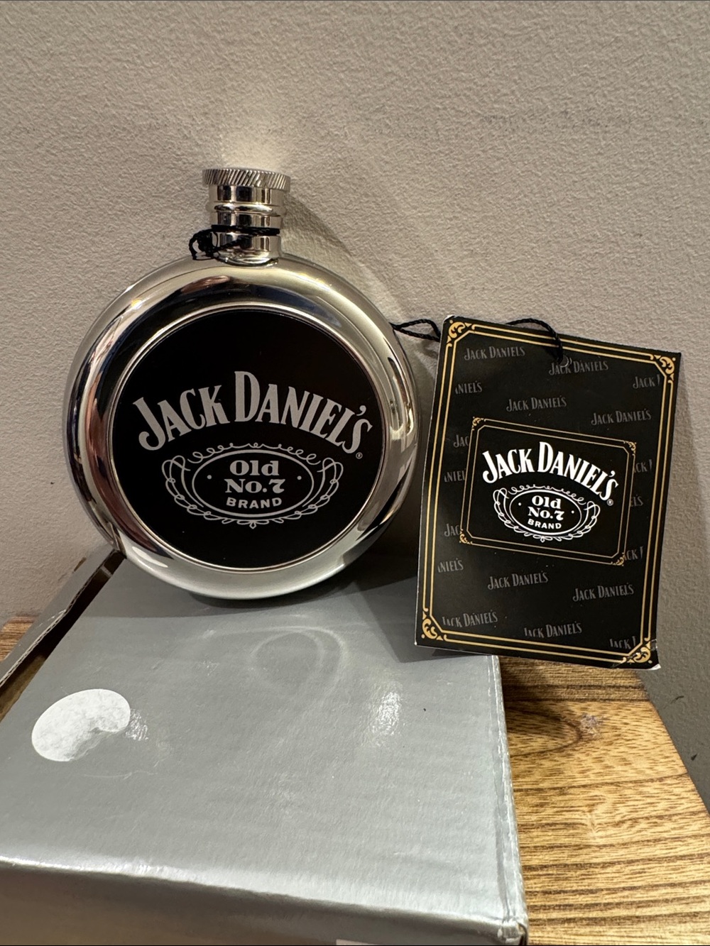 Jack Daniels Black & Silver Round Stainless Hip Flask with Old No.7 Emblem